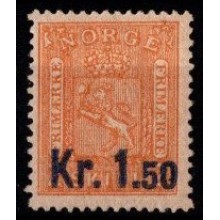 1905 Norge - AFA 63 - Provisorier på skillingsmærke nr. 12, 2 sk. orange - 1,50 kr. blåt overtryk - Ustemplet.